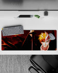 Intense 32x12 mouse pad features glowing golden eyes and bone-white mask with intricate crimson moon details for fans of Bleach