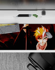 Striking 36x16 mouse pad highlights Ichigo’s fierce gaze, crimson moon, and intricate mask details in stunning artistic contrast