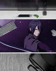 40x20 inches desk pad in brooding moonlight, purple haze, icy silver shine, crimson eye accents.