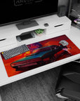 Dynamic artwork on 36x16 desk pad captures the essence of apocalyptic chaos and mechanical resilience with bold aesthetics