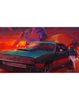 Evangelion Charger Wasteland Desk Pad 40x20 featuring a battle-worn Dodge Charger and fallen Unit-01 against a blazing sunset for gritty anime style