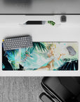 32x12 inches anime girl mouse pad in soft aqua and deep teal, calm beach shrine vibe with sparkles.