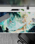Summer fantasy anime desk pad 40x20 inches in soft aqua and teal, calm beach-shrine vibe.
