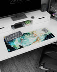 32x12 inches anime girl mouse pad showing a serene white-haired goddess under palms, scarf and butterflies.