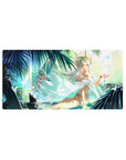 32x16 inches anime girl mouse pad with white-haired goddess, tiny crown, teal palms, petals and butterflies.