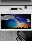 Deep navy, teal, and indigo mouse pad 32x16 inches, dreamy night sky with crisp stars.