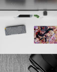Sunset bokeh anime mouse pad 14x10 inches in red, black, and gold with intense ruby-eye energy.