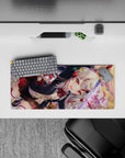 Sunset bokeh anime girl mouse pad 28x12 inches in warm reds and gold, ruby eyes, sleek katana energy.