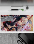 32x16 inches anime girl mouse pad in warm sunset bokeh, ruby eyes, bold red-black-gold palette.