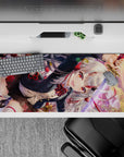 Sunset bokeh anime desk pad 36x16 inches in silver, ruby red, black and gold, cute yet intense vibe.