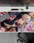 Sunset bokeh anime desk pad 40x20 inches in red, black, and gold with intense shrine-warrior energy.