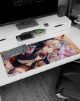 Silver-haired, ruby-eyed shrine warrior slashing with a katana at sunset on a 36x16 inches anime desk pad.