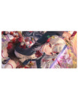 32x16 inches anime girl mouse pad with silver-haired katana warrior, red ribbons, black uniform, gold accents.