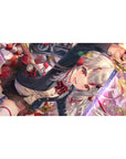 Anime girl desk pad 40x20 inches with silver-haired katana warrior, ribbons, black uniform, gold accents.