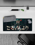 28x12 inches anime mouse pad in teal shadows and glitchy red highlights, late-night arcade cyber vibe.
