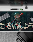 Teal shadow and glitch-red split effect anime desk pad 40x20 inches with late-night arcade vibe.