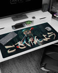 Anime desk pad 40x20 inches showing sharp-eyed girl with bat on shoulder, blurred crowd behind her.