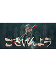 Anime desk pad 36x16 inches with fearless girl and red bat, arcade crowd backdrop, bold brush lettering.