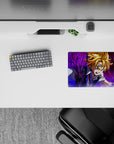Classic anime mouse pad 14x10 inches in purple-black storm energy with rich shadows and intense action mood.