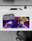 28x12 inches anime mouse pad in purple-black energy storm tones, high contrast shadows, intense vibe.