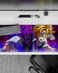Dark purple-black aura and golden hair battle mood anime desk pad, 36x16 inches.