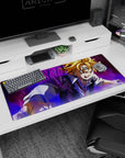 Meliodas lunging forward with glowing demon mark and red tie, anime desk pad 36x16 inches.