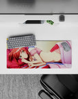Cozy flirt anime mouse pad 28x12 inches in candy pinks, cool blue sheets, sparkly highlights and scales.