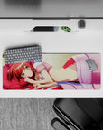 Cozy flirt anime girl mouse pad 32x12 inches in candy pink, peach, and cool blue for a cute desk vibe.