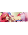 Anime girl mouse pad 32x12 inches with red-haired cutie on pink pillow, crown clip, frilly mesh details.
