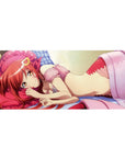 36x16 inches anime girl desk pad with red-haired cutie on pink pillow, crown clip, frilly mesh accents.