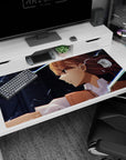 Mikoto Misaka Railgun desk pad 40x20 inches, fierce stare with crackling blue electricity across a dark scene.