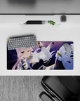 Pastel pink and purple night gradient anime girl mouse pad 28x12 inches, sparkly dust and action vibe.