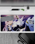 32x16 inches anime desk mat in purple night tones with sparkly dust, neon glow, and dynamic debris.