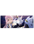 Anime girl mouse pad 32x12 inches with winking pink-haired heroine in white jacket on black outfit.