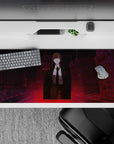 36x16 inches mouse pad with Makima design, blending crimson cityscape and piercing gaze to create a dark, mysterious atmosphere for fans.