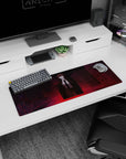Artistic 32x12 inches mouse pad featuring Makima design, with a crimson cityscape and commanding presence for an intense, unsettling effect.