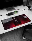 Modern 32x16 inches mouse pad featuring Makima design, blending crimson cityscape and piercing gaze for a captivating and unsettling atmosphere.