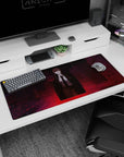 Artistic 36x16 inches mouse pad featuring Makima design, with a crimson cityscape and commanding presence, evoking mystery and power in one piece.