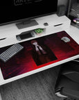 Large 40x20 inches mouse pad featuring Makima design, with a crimson cityscape and commanding presence for a dark, mysterious, and captivating look.