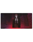 Mouse pad featuring Makima design, 32x16 inches, with a crimson cityscape and piercing gaze for a captivating, unsettling, and powerful vibe.
