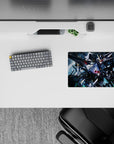 14x10 inches classic anime mouse pad in deep space blues, metallic whites, neon sparks, pink cannon glow.