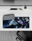28x12 inches anime mouse pad in metallic white and gunmetal on deep space blues, neon sparks and hot pink glow.