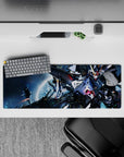 32x12 inches anime mouse pad in deep space blues with metallic whites, neon sparks, and pink cannon glow.