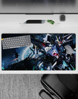 32x16 inches anime mouse pad in deep space blues with metallic whites, gunmetal panels, neon sparks, pink glow.