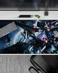 40x20 inches anime desk pad in deep space blues, metallic white armor, neon sparks, and pink cannon glow.