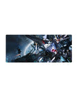 28x12 inches anime mouse pad with Strike Gundam in a starry space battle, crisp panel lines and beam cannon glow.