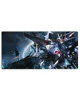 32x16 inches anime mouse pad with Strike Gundam in deep space, metallic armor, neon sparks, and cannon glow.