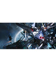 36x16 inches anime desk pad with Strike Gundam in a starry space battle, crisp panel lines and smooth tracking.