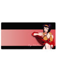 Mouse pad with Faye Valentine, 32x16 inches, featuring a signature smirk and bold colors against a retro-inspired grid-patterned backdrop.