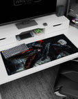 Artistic 36x16 inches desk pad showcasing Guts in his Berserker Armor with the Beast of Darkness, perfect for adding intense raw emotion and destruction to your workspace.